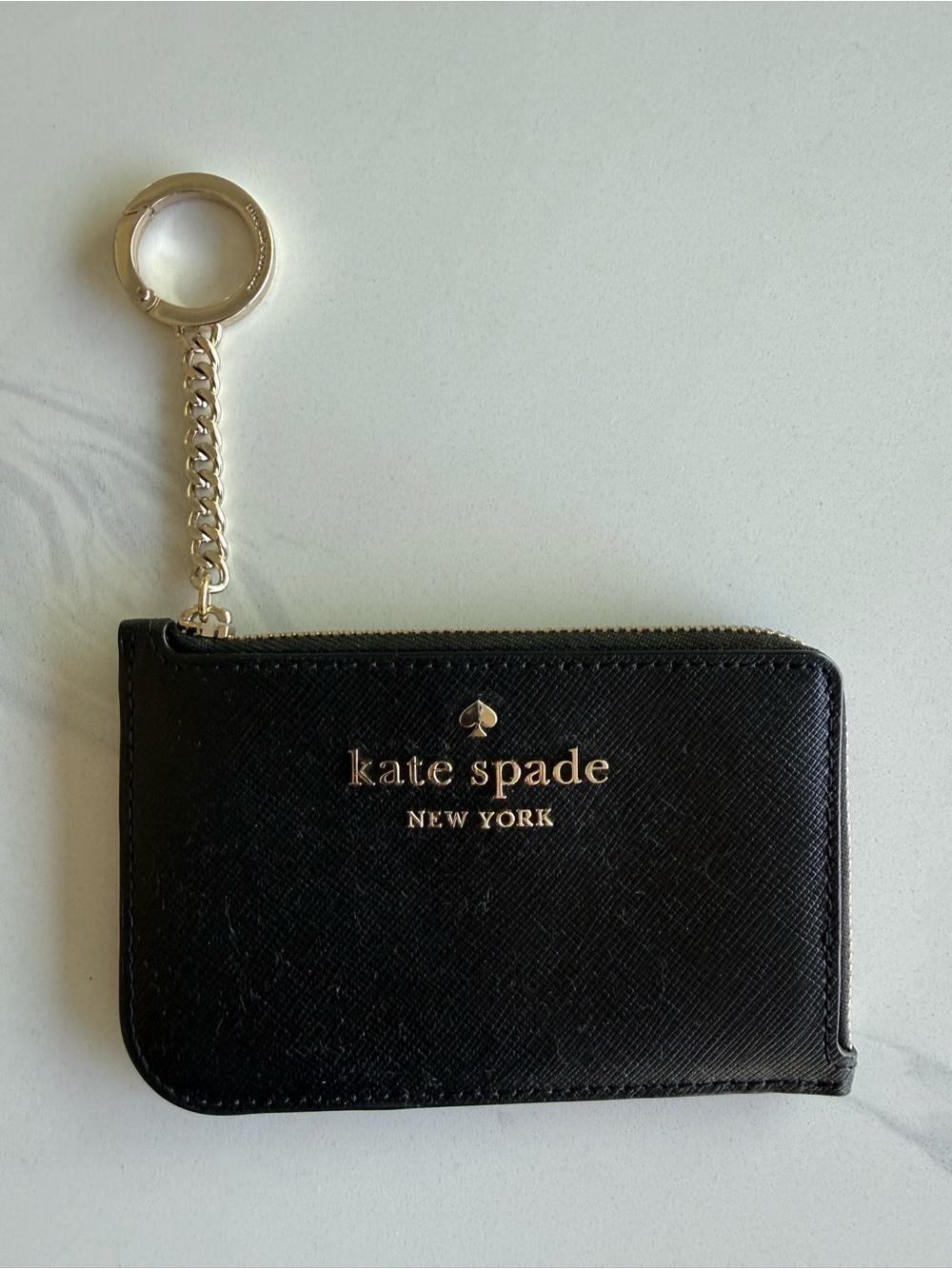 Kate Spade Black Leather Medium Zip Card Holder With Gold Keychain